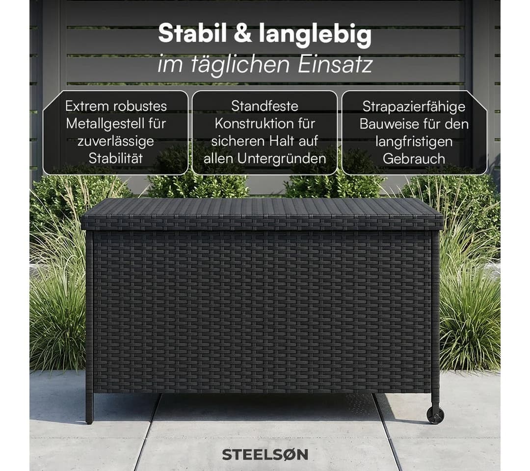 STEELSØN Aufbewahrungsbox Serion Gartenkiste Polyrattan Schwarz mit Rollen