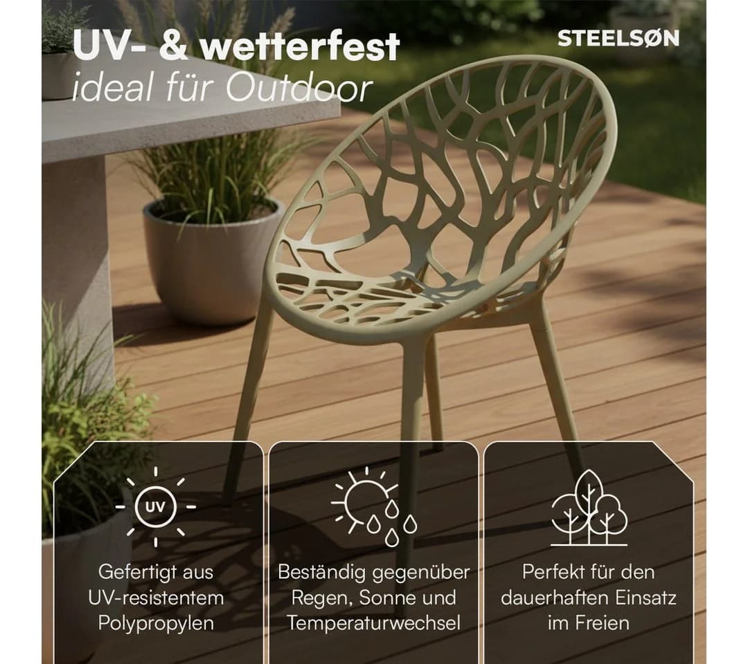 STEELSØN Gartenstuhl Quanta 4er Set Stapelbar Olivgrün