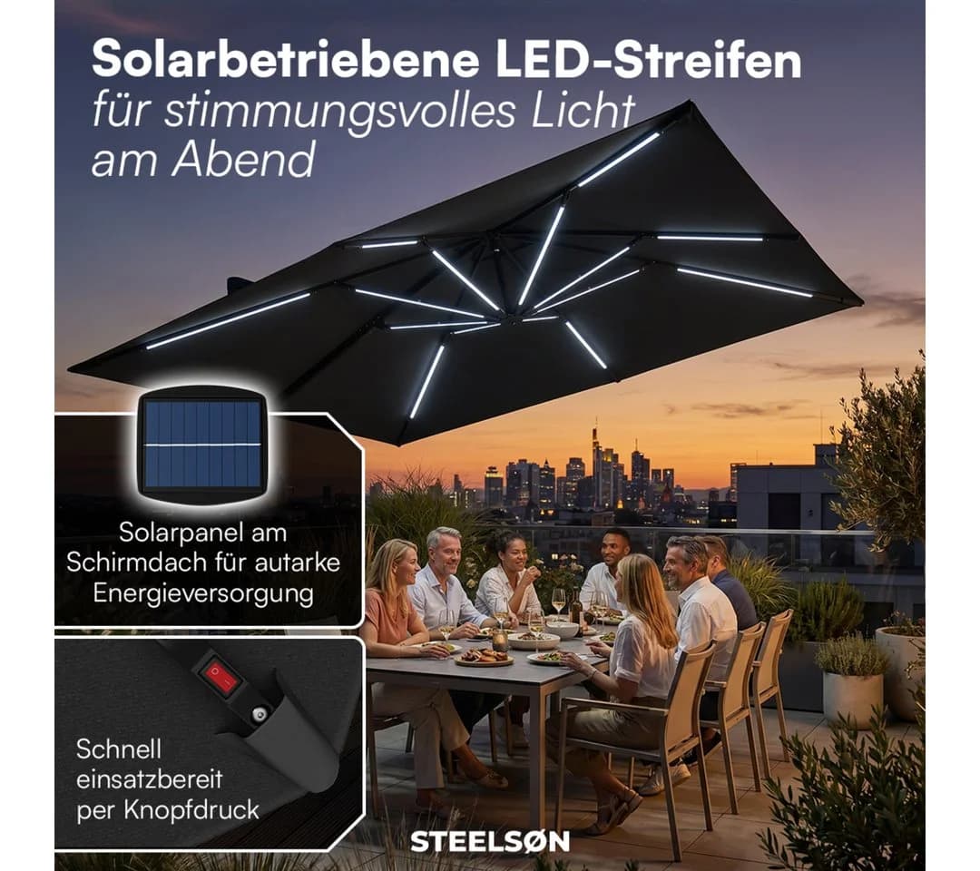 STEELSØN Sonnenschirm Elaris Ampelschwarz mit LED & Solar