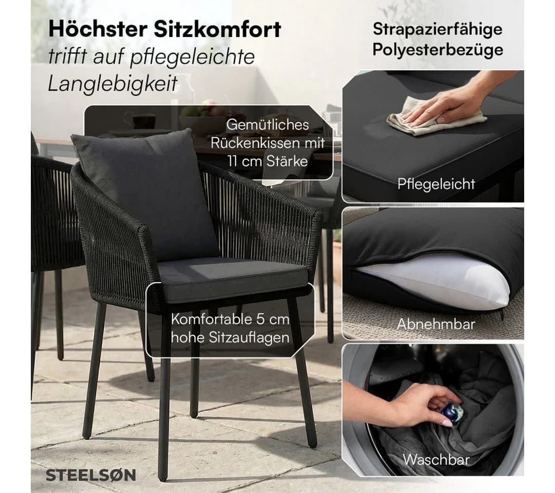 STEELSØN Gartenstuhl Nair 6er Set Schwarz Polyrattan