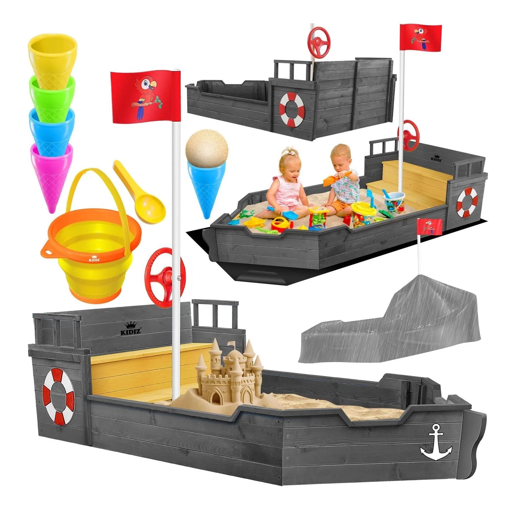 KIDIZ Sandkasten Piratenschiff Holz mit Sitzbank und Plane