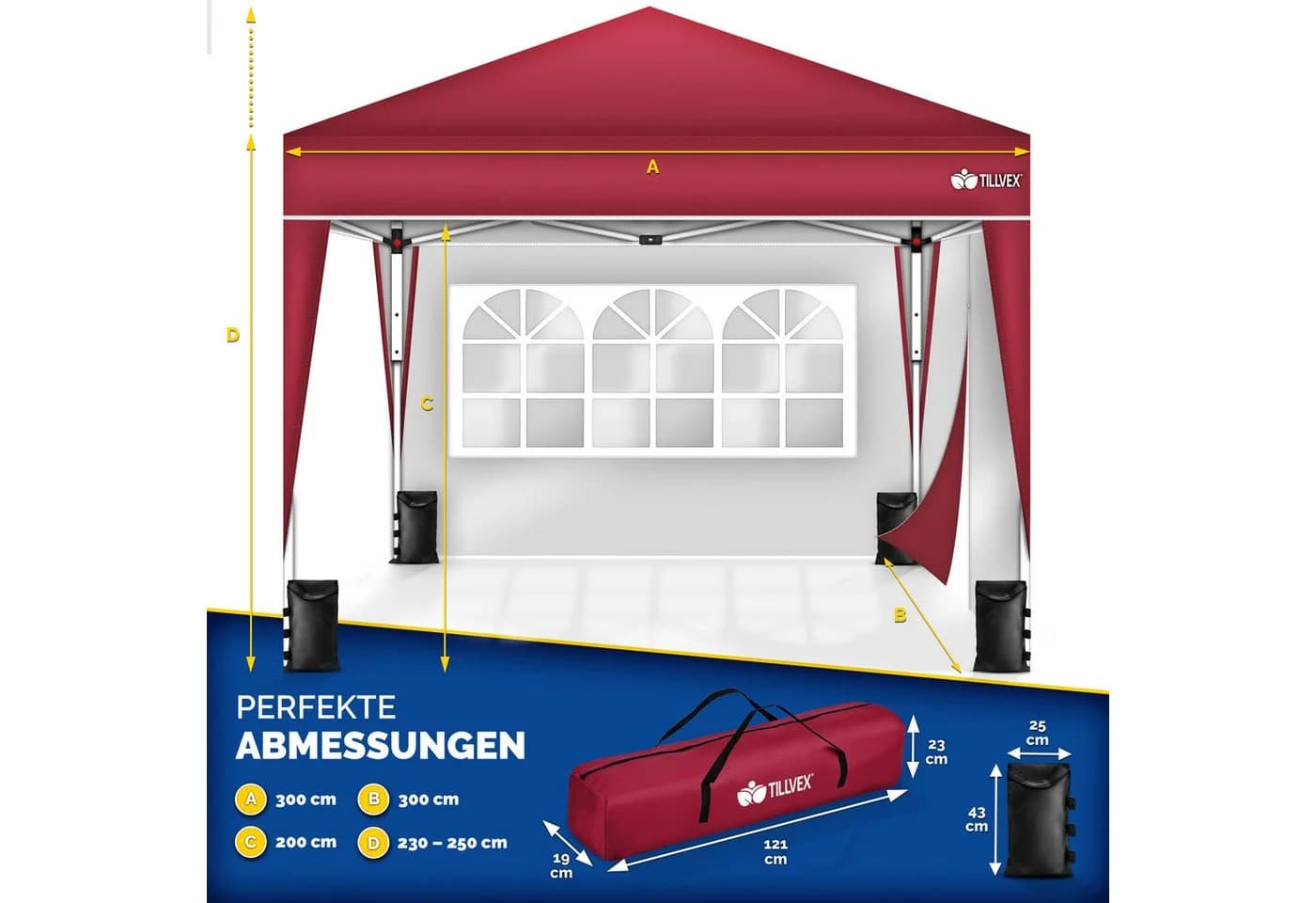 tillvex Pavillon 3x3m Wasserdicht UV50+ Rot