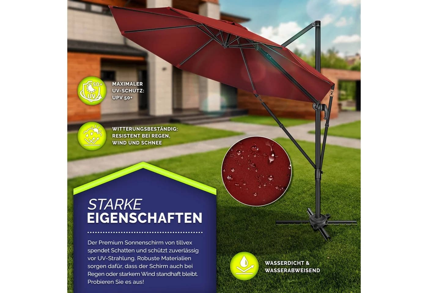 tillvex Premium Sonnenschirm 330 cm Rot mit Abdeckung