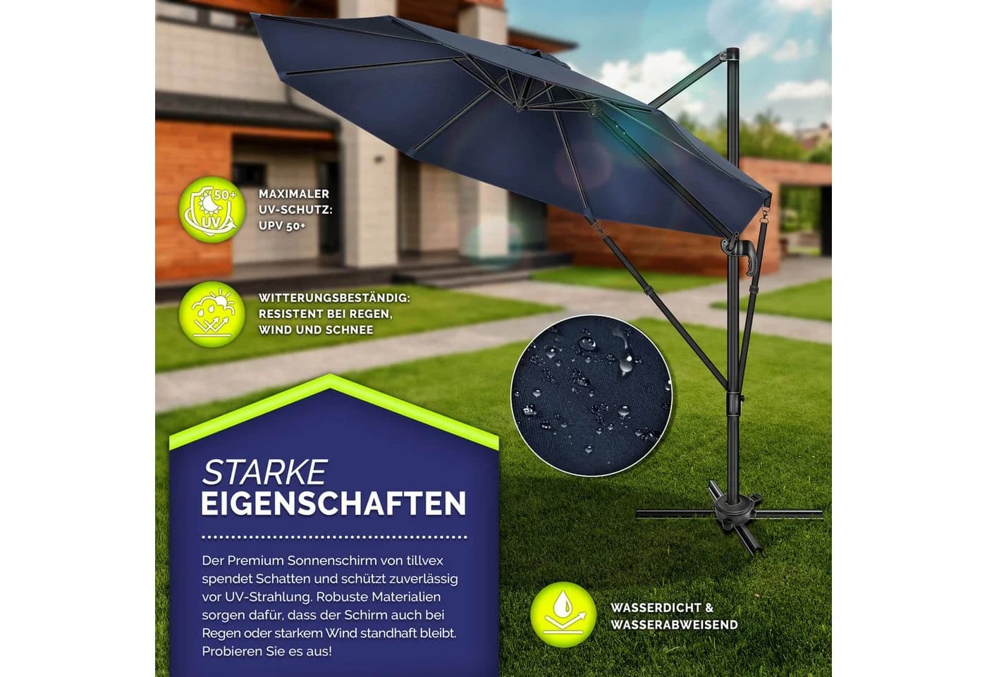 tillvex Premium Alu Sonnenschirm 330 cm blau mit Abdeckung