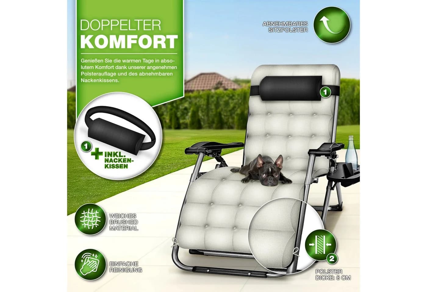 tillvex Gartenliege Klappbar Beige 200kg Traglast mit Kopfkissen