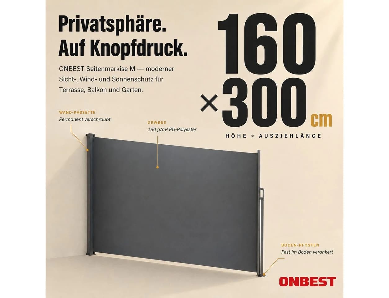 Onbest Seitenmarkise Sichtschutz Grau UV-beständig Wasserabweisend