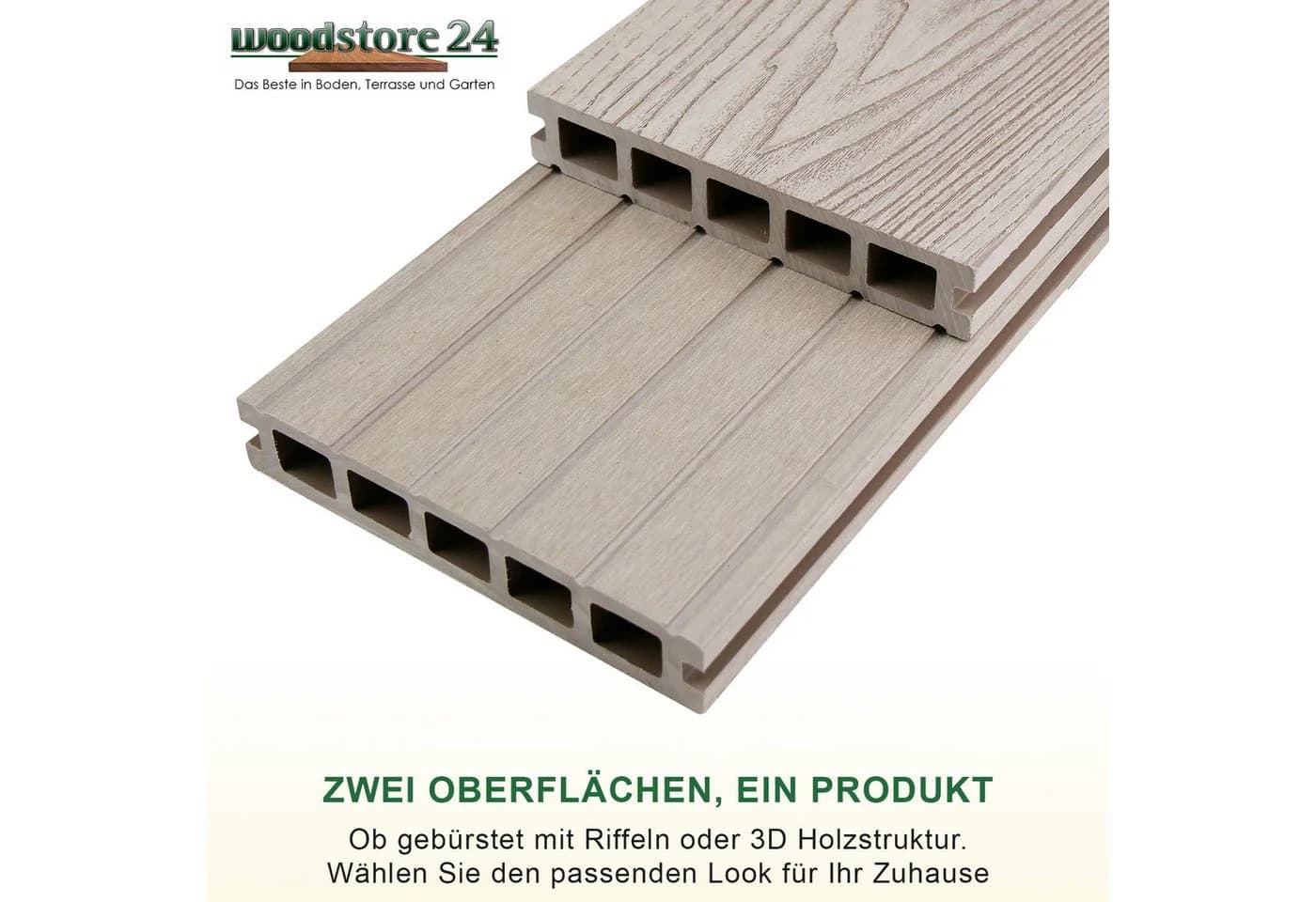Woodstore24 Terrassendielen WoodoMykonos WPC Hohlkammerdiele 3D-Holzoptik Grau