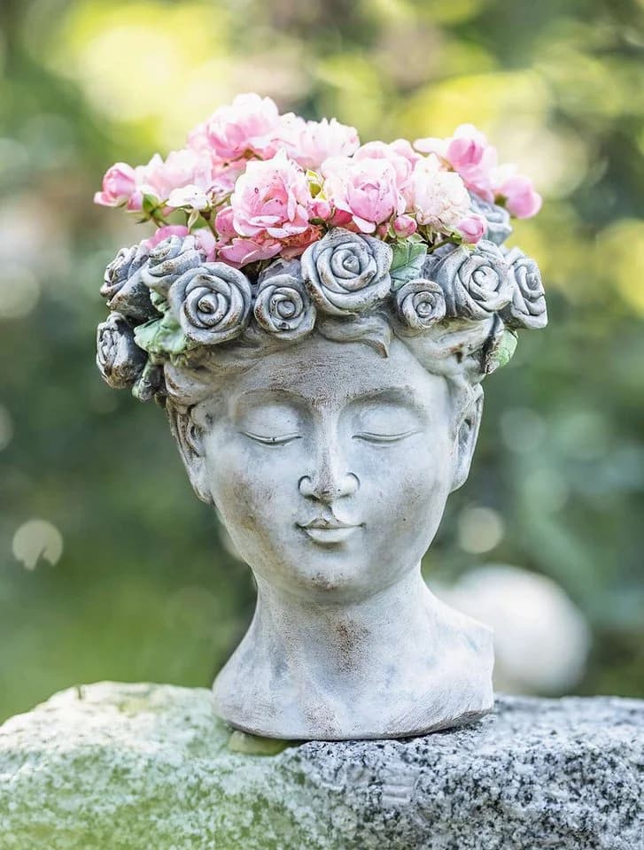 Dekoleidenschaft Blumentopf Büste "Rosenkrone" Grau Polyresin