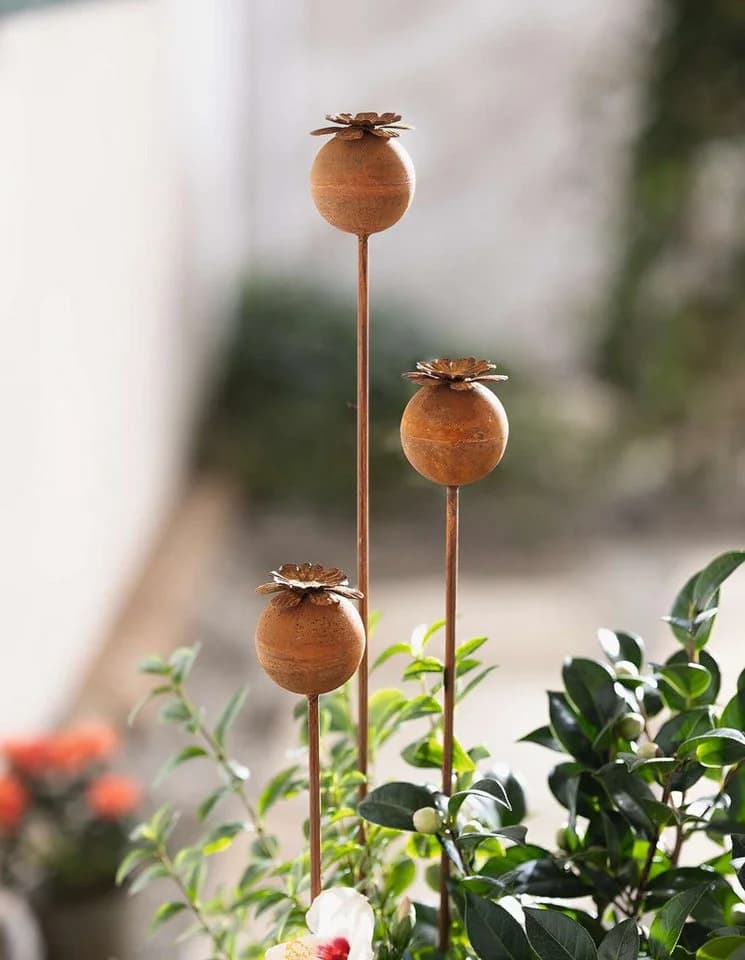 Gartenstecker Mohn 3er Set Metall Rostfinish 60-100cm