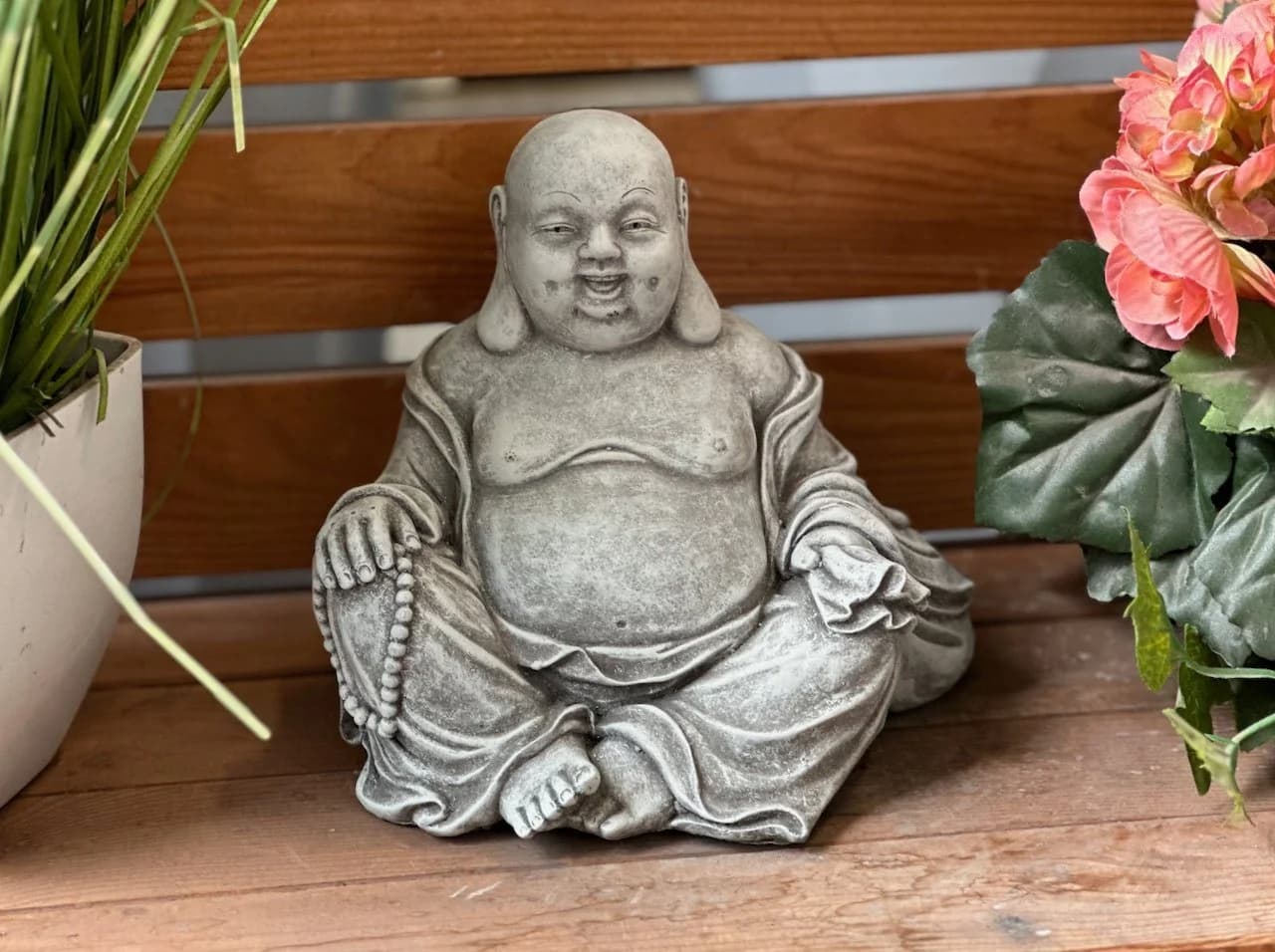 Stone and Style Gartenfigur Frostfeste Steinfigur dicker Buddha sitzend Grau