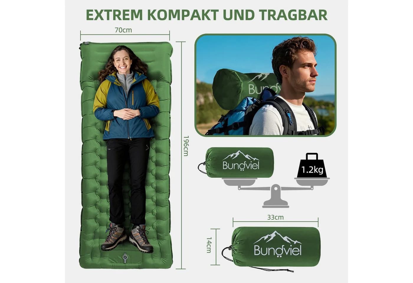 Bundviel Luftbett Camping Selbstaufblasend 12cm Ultraleicht mit Fußpumpe