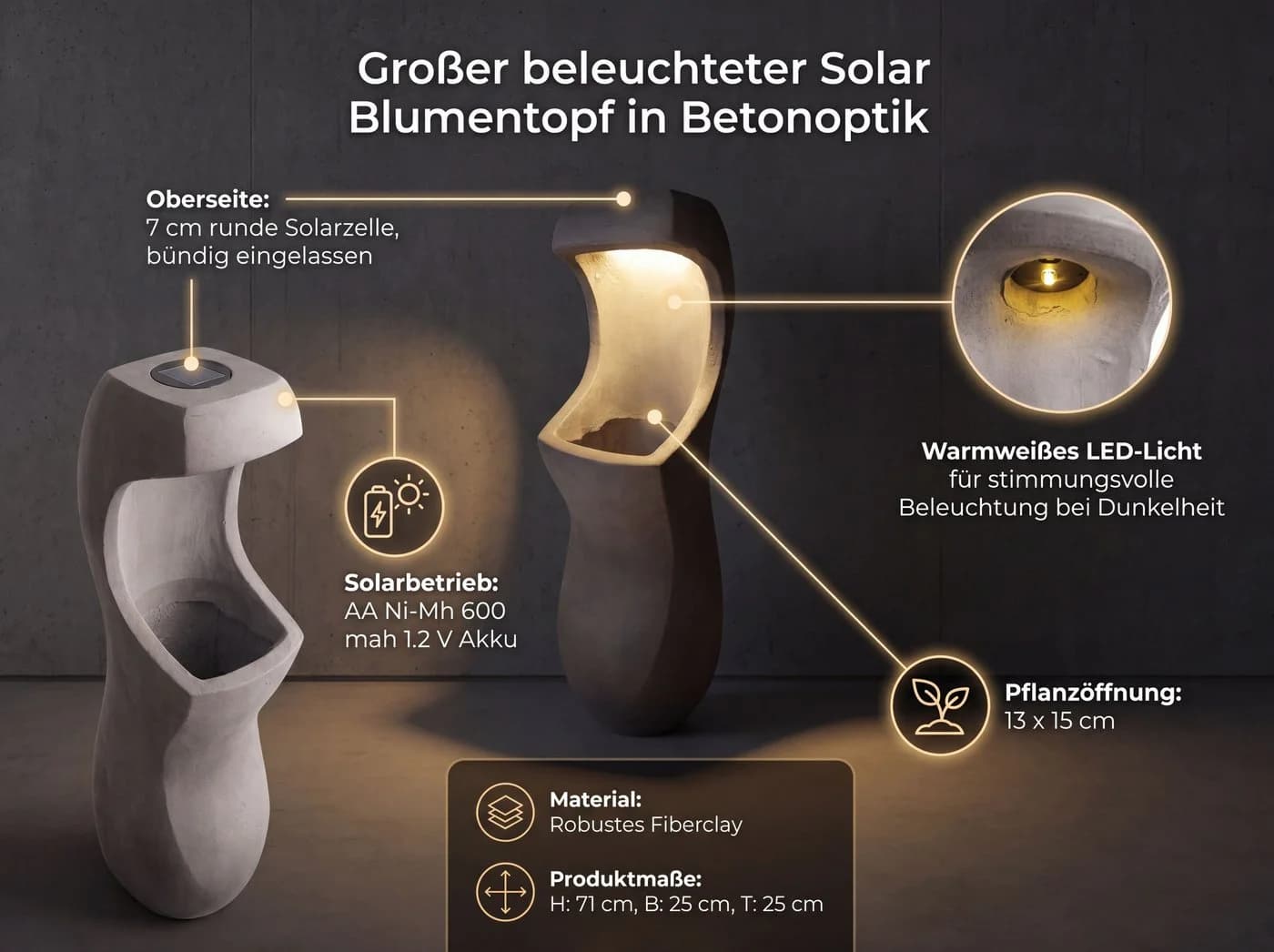 Arnusa Solar-Blumentopf mit LED-Beleuchtung Grau Fiberclay