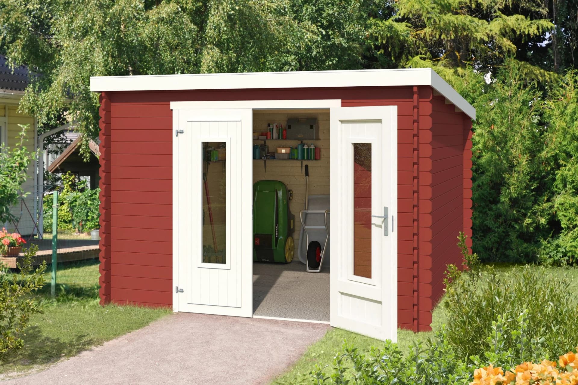 Gartenhaus Schwedenrot aus Holzwerkstoff, Fichte und Kunststoffglas
