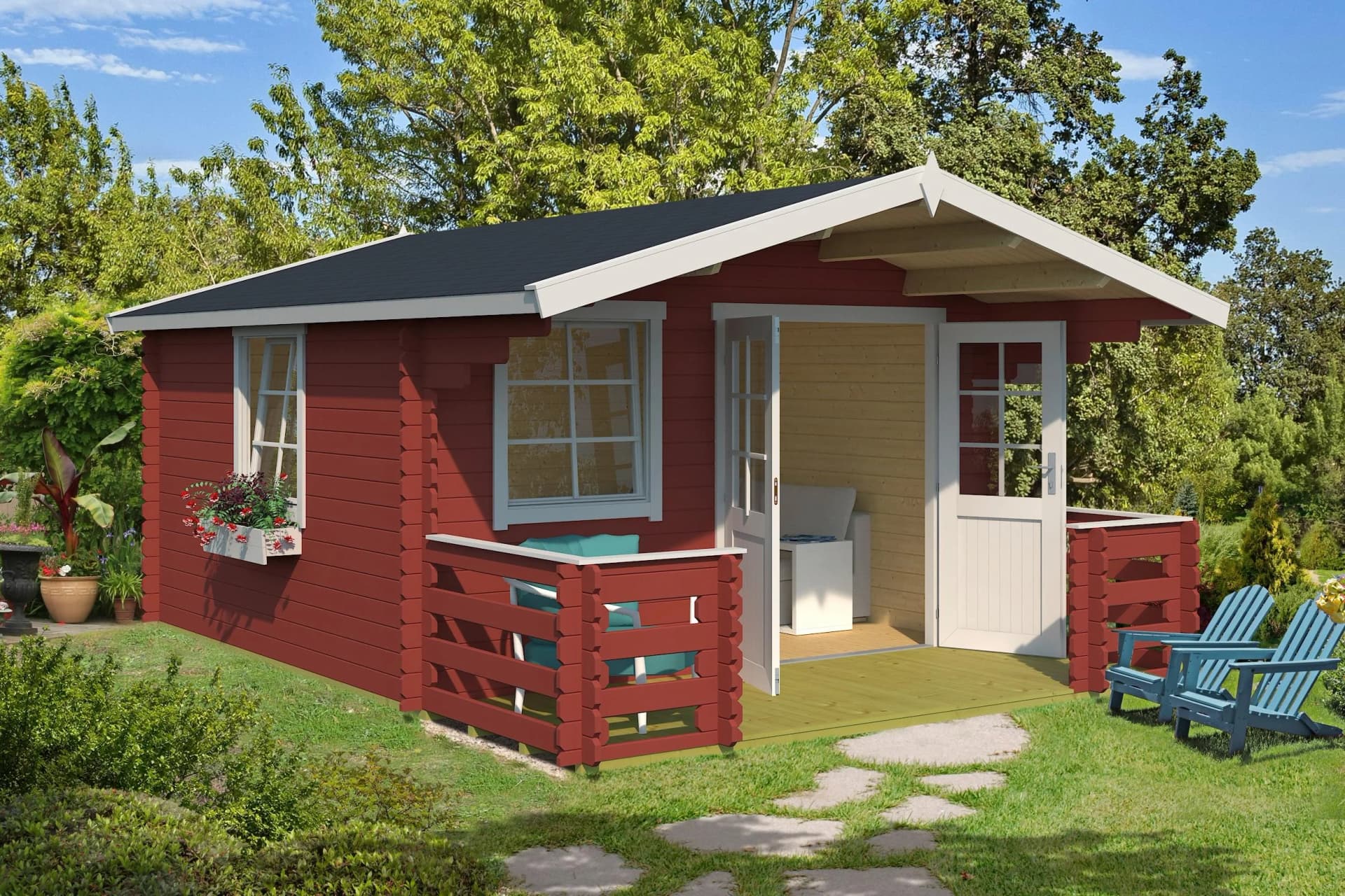 Gartenhaus Lasita Maja Luna 2 Schwedenrot mit Terrasse und Geländer