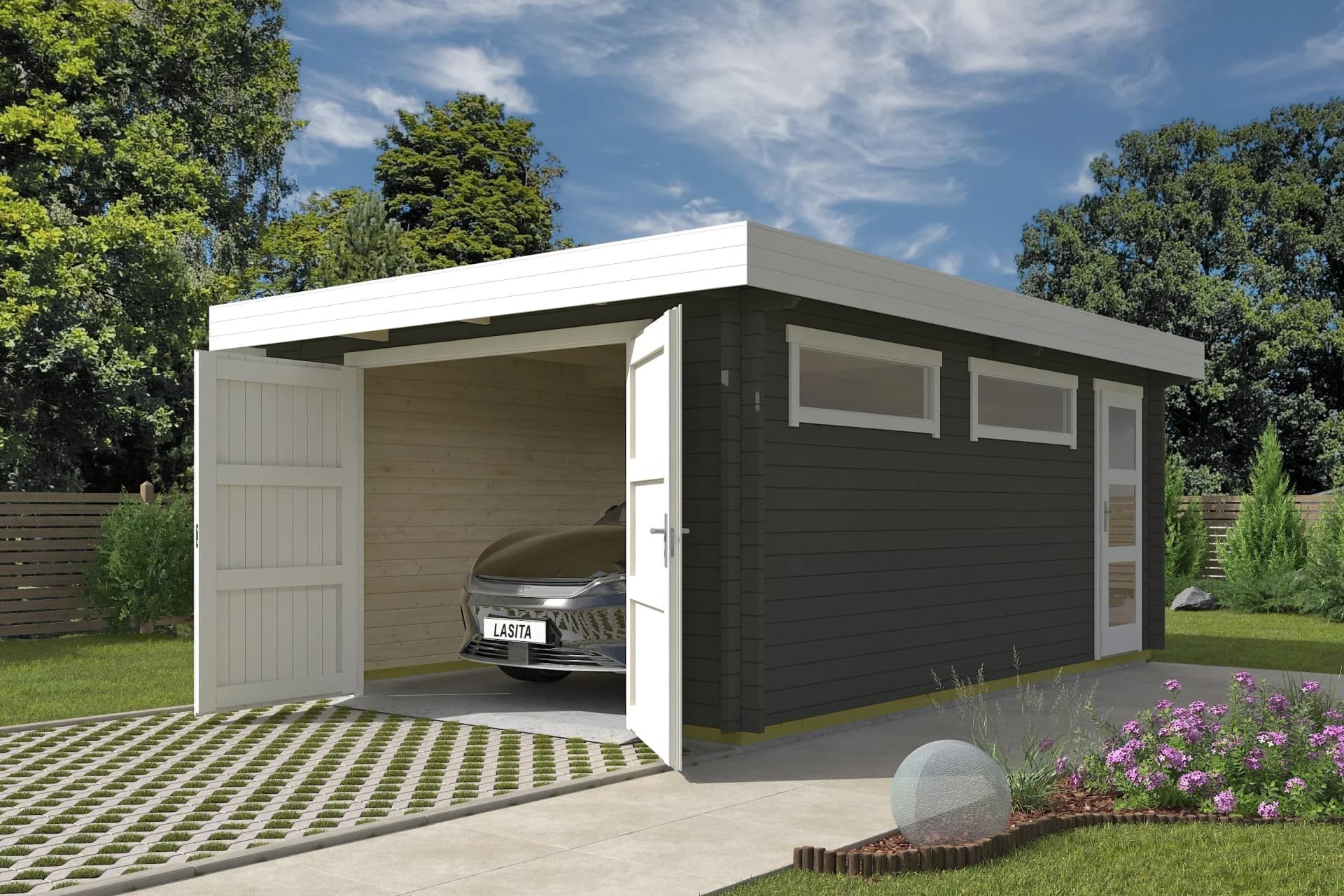 Nordic Holz CANBERRA Garage Massivholz Grüngrau 360x540cm