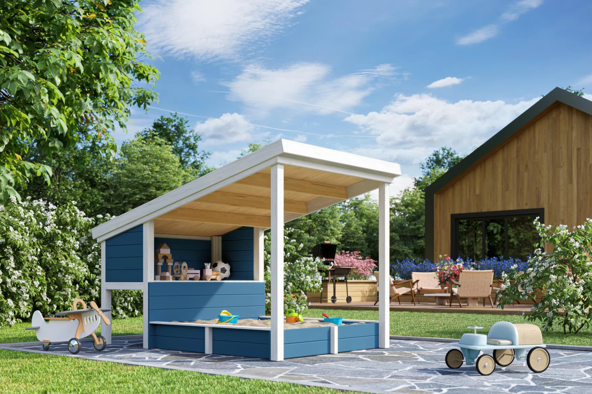 Sandkasten NORDIC HOLZ 'PIPPI 1' - Blau, Massivholz, Überdachung