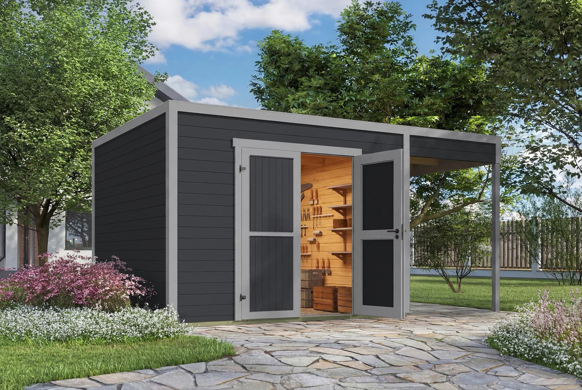 WEKA Gartenhaus Batu 3 mit Anbau dunkelgrau Massivholz