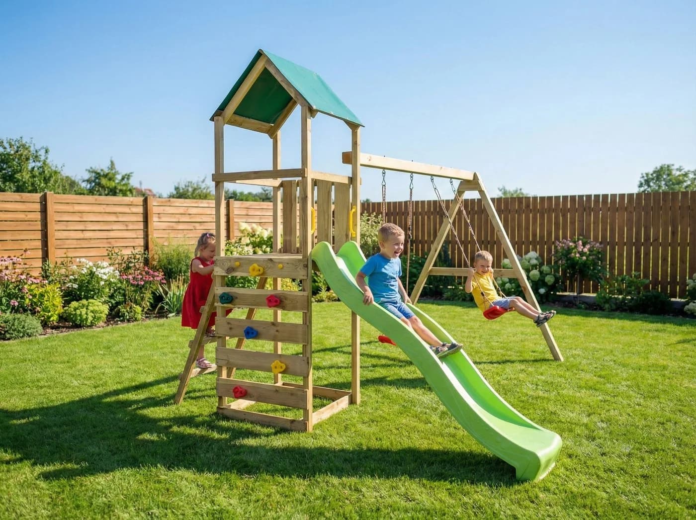 FUNGOO Spielturm MaxPlay 2.1 mit Rutsche, Doppelschaukel und Kletterwand