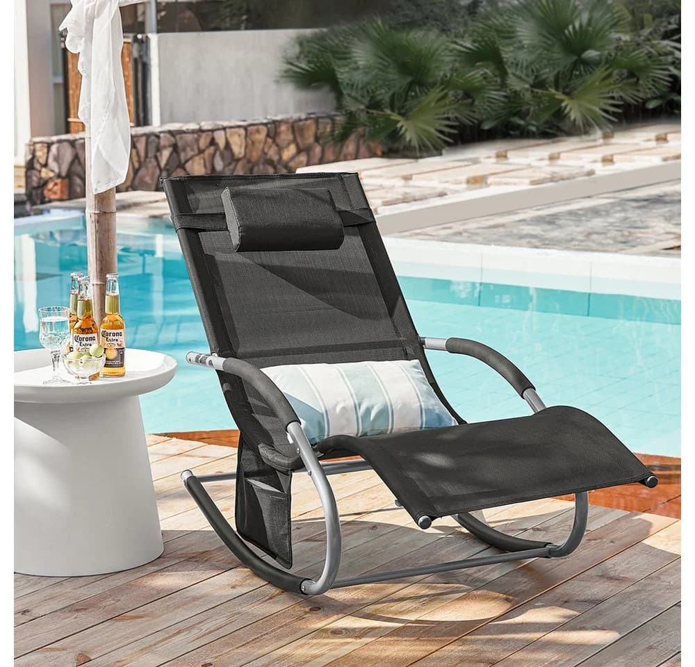 SoBuy Gartenliege OGS28 Schwarz Metall Kunstfaser mit Kopfkissen