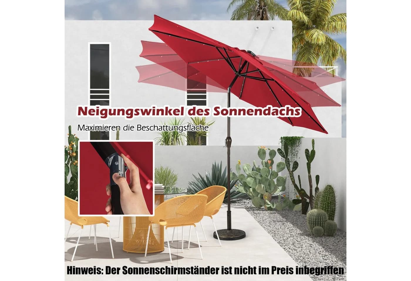 COSTWAY Gartenschirm 300 cm mit Solar LED Beleuchtung Weinrot