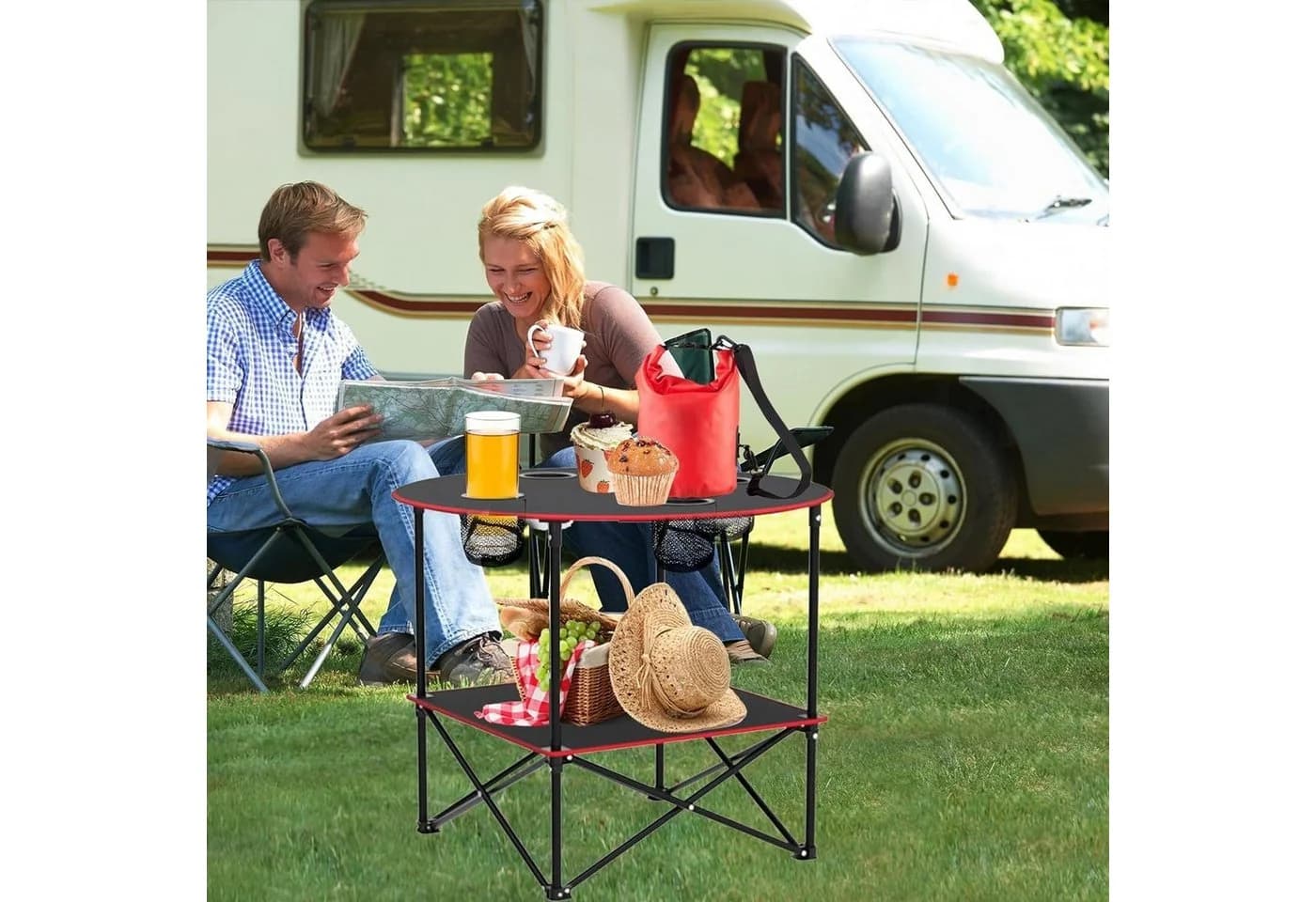 YI Campingtisch Klapptisch Schwarz mit Getränkehaltern und Tragetasche