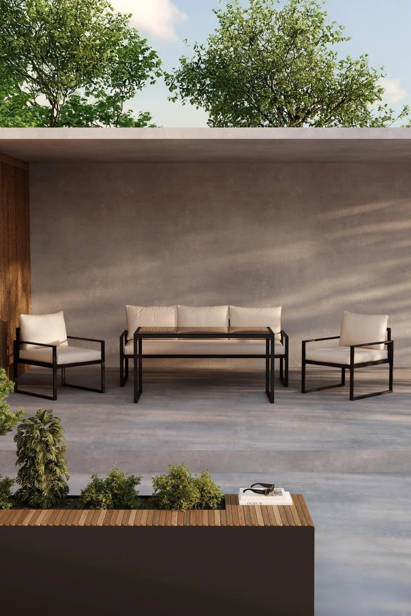 VENTURE HOME Gartenlounge-Set Catania Beige/Schwarz mit Glasplatte