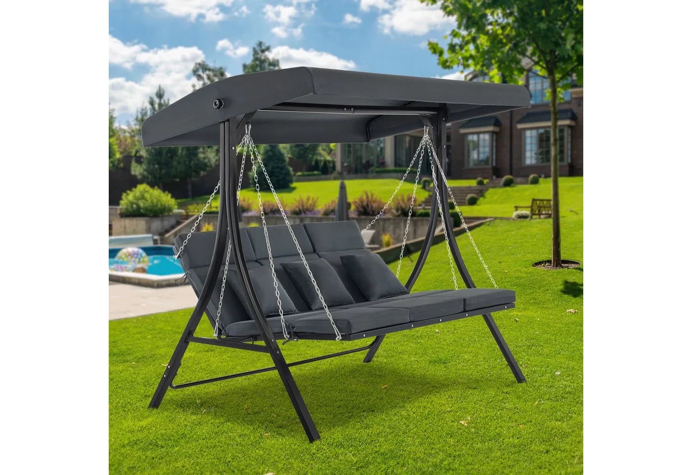 MCombo Hollywoodschaukel 3-Sitzer mit Liegefunktion und verstellbarem Dach
