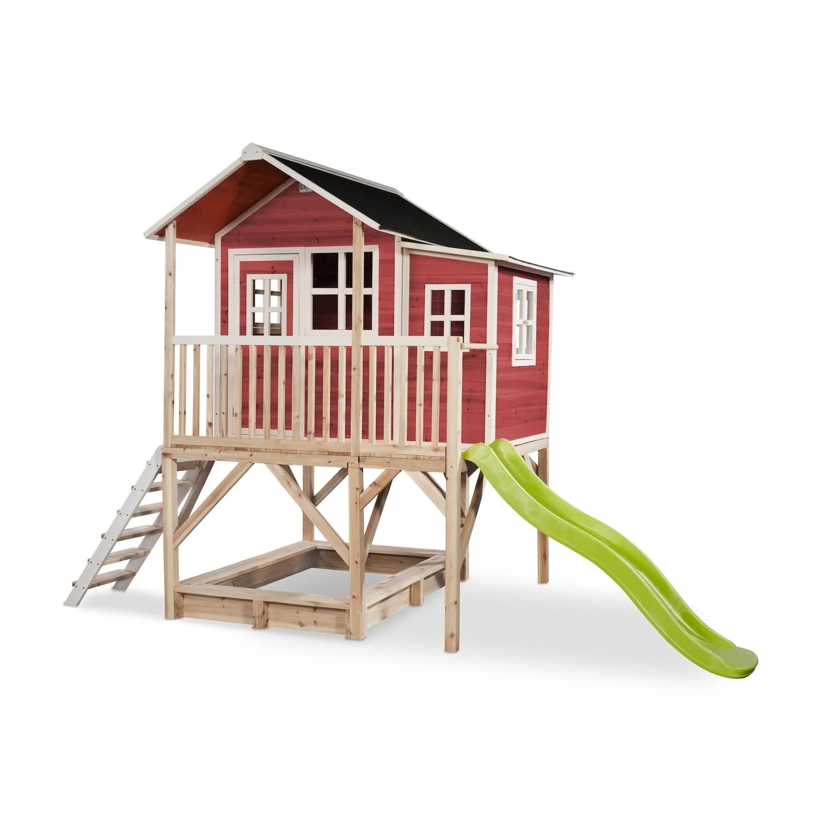 EXIT Loft 550 Holzspielhaus rot weiß mit Rutsche und Sandkasten