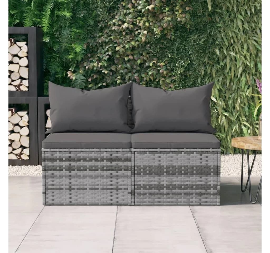 vidaXL Loungesofa Garten-Mittelsofas mit Kissen 2 Stk. Grau Poly Rattan