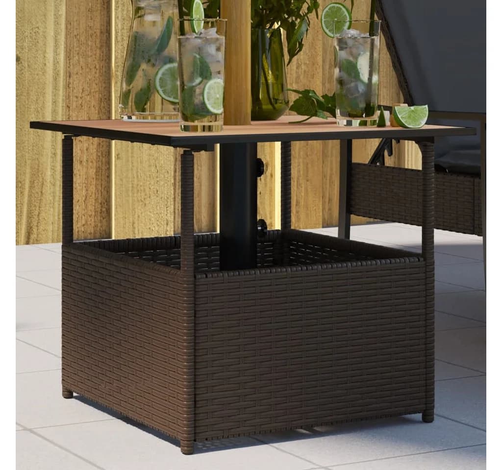 vidaXL Gartentisch mit Schirmloch Braun Poly Rattan