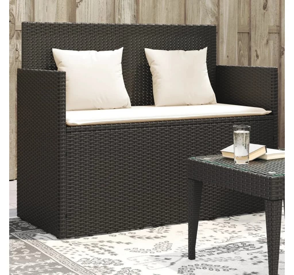 vidaXL Gartenbank mit Kissen Schwarz Poly Rattan