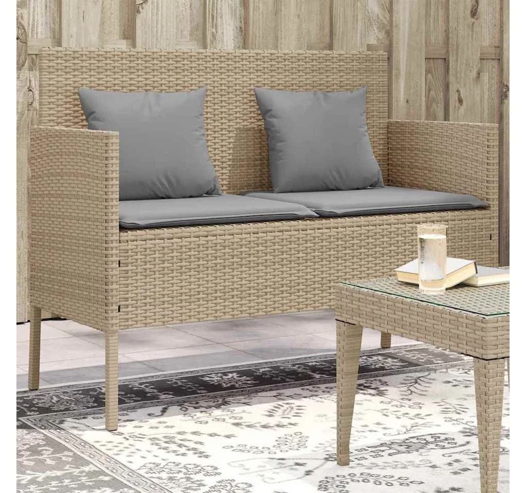 vidaXL Gartenbank mit Stauraum und Kissen Beige Poly Rattan