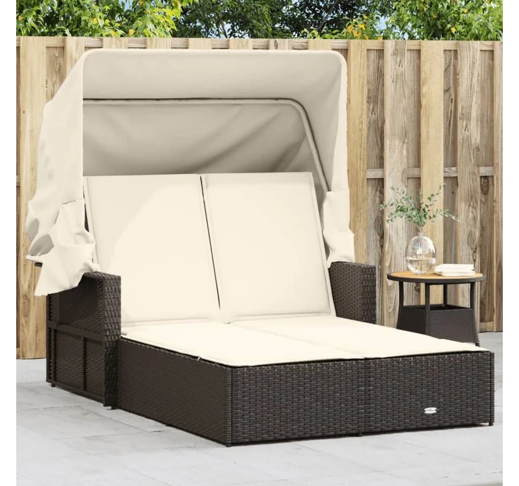 vidaXL Doppel-Sonnenliege Braun Poly Rattan mit Dach