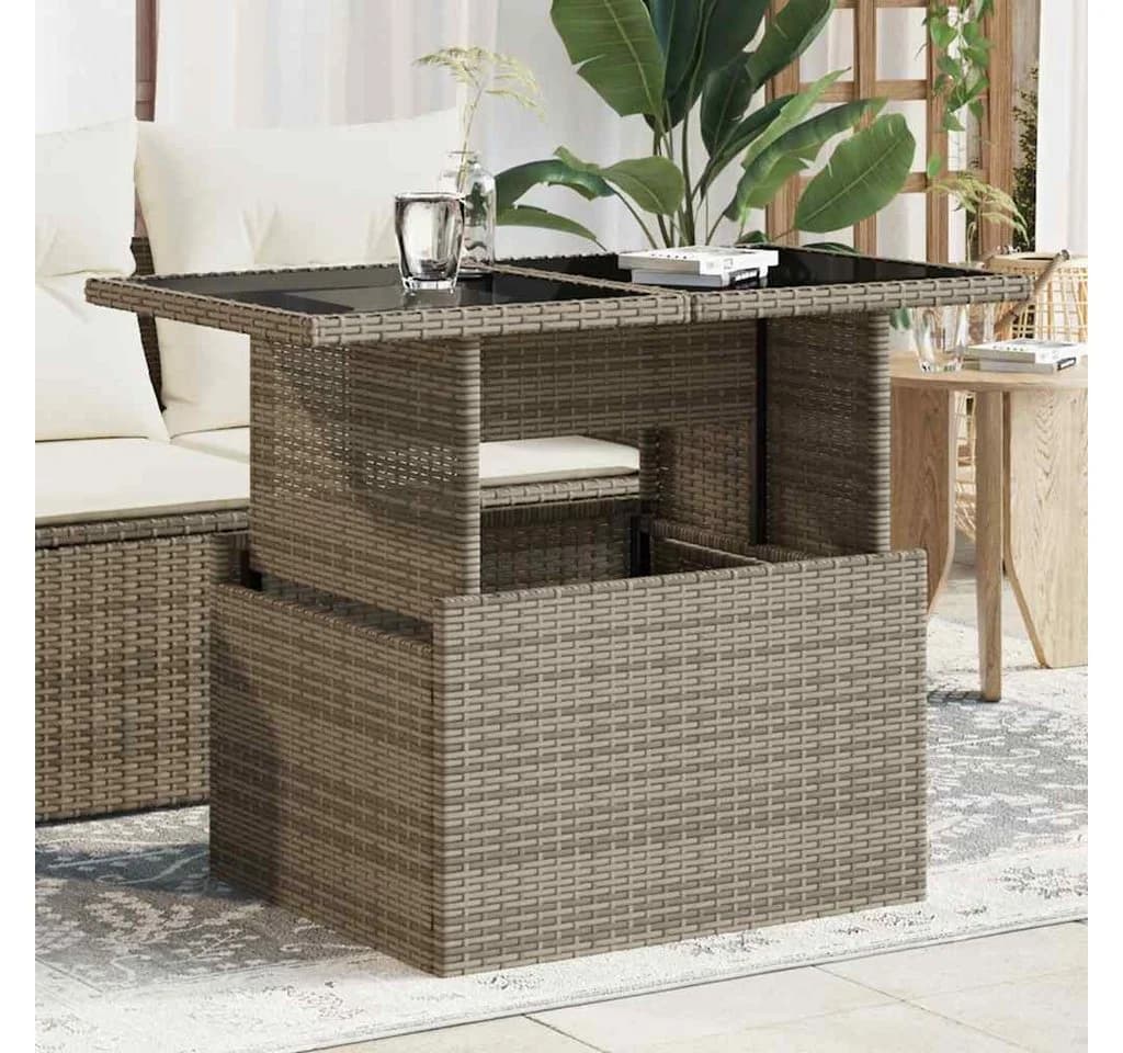 vidaXL Gartentisch Grau Poly Rattan mit Glasplatte