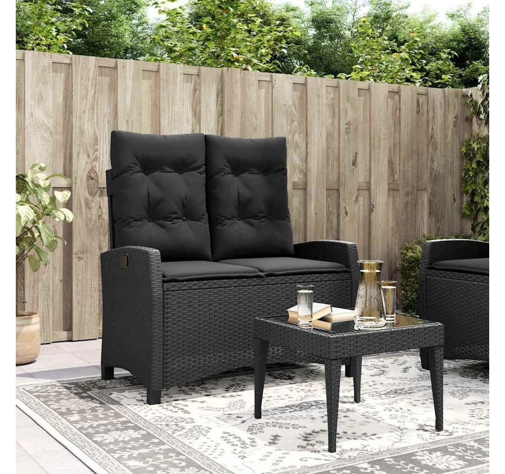 vidaXL Verstellbare Gartenbank Schwarz Poly Rattan mit Kissen