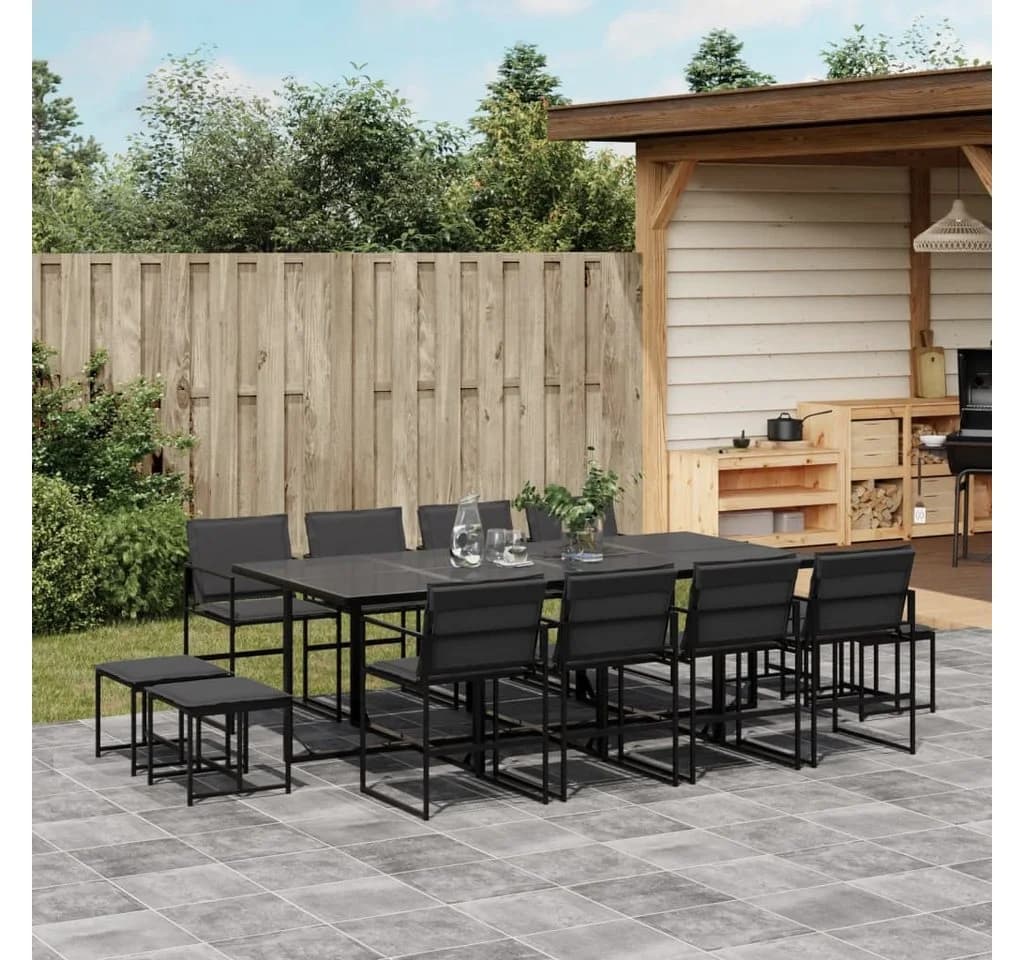 vidaXL Garten-Essgruppe 13-tlg. Schwarz Textilene mit Kissen