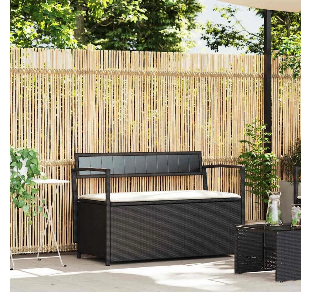 vidaXL Gartenbank mit Stauraum und Kissen Schwarz Poly Rattan
