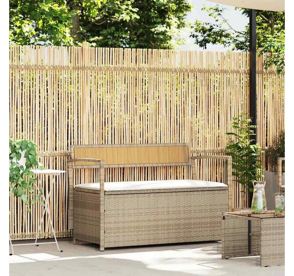 vidaXL Gartenbank mit Stauraum und Kissen Beige Poly Rattan
