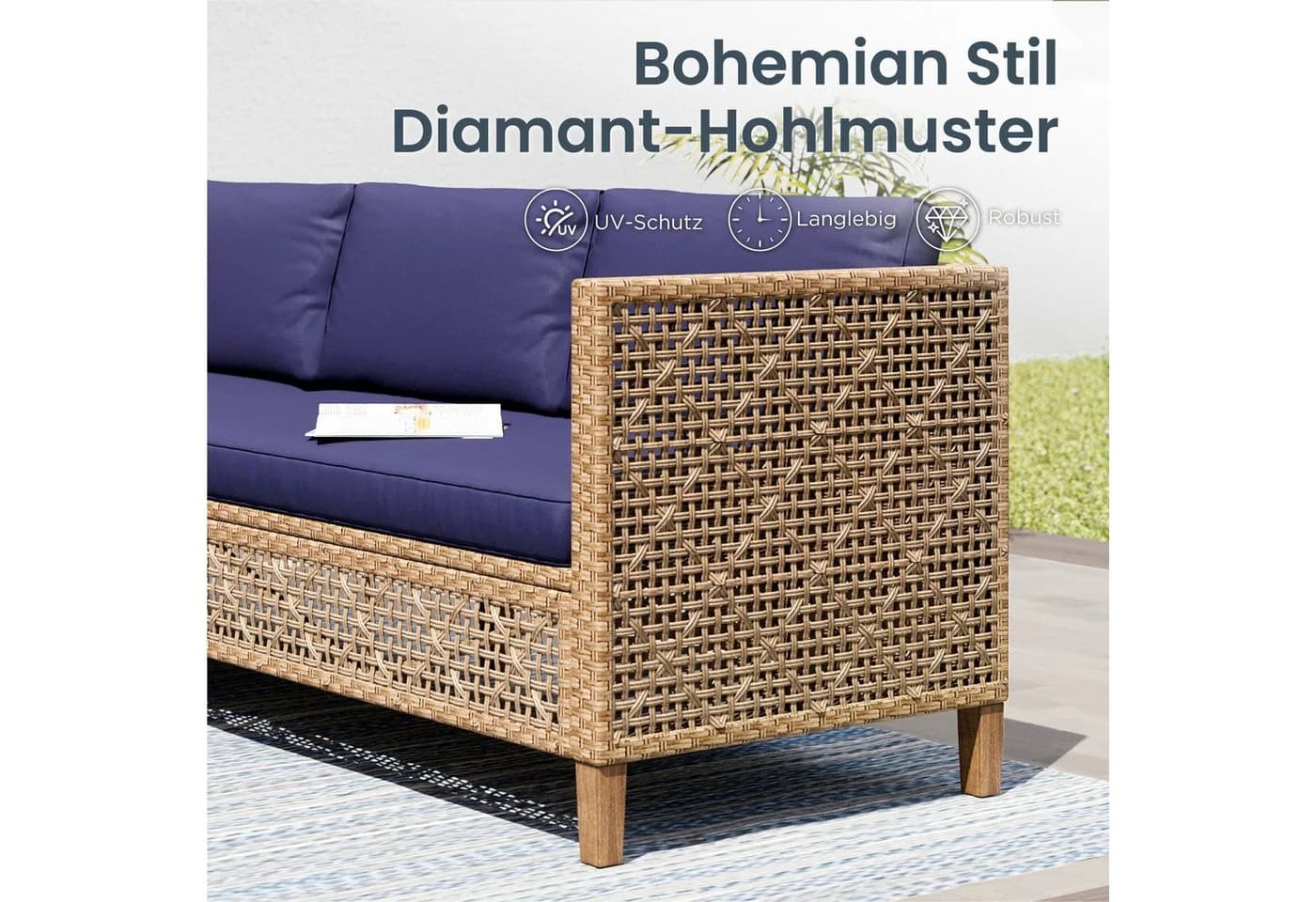 PHI VILLA Gartenlounge-Set 4-tlg. Beige/Dunkelblau PE Rattan