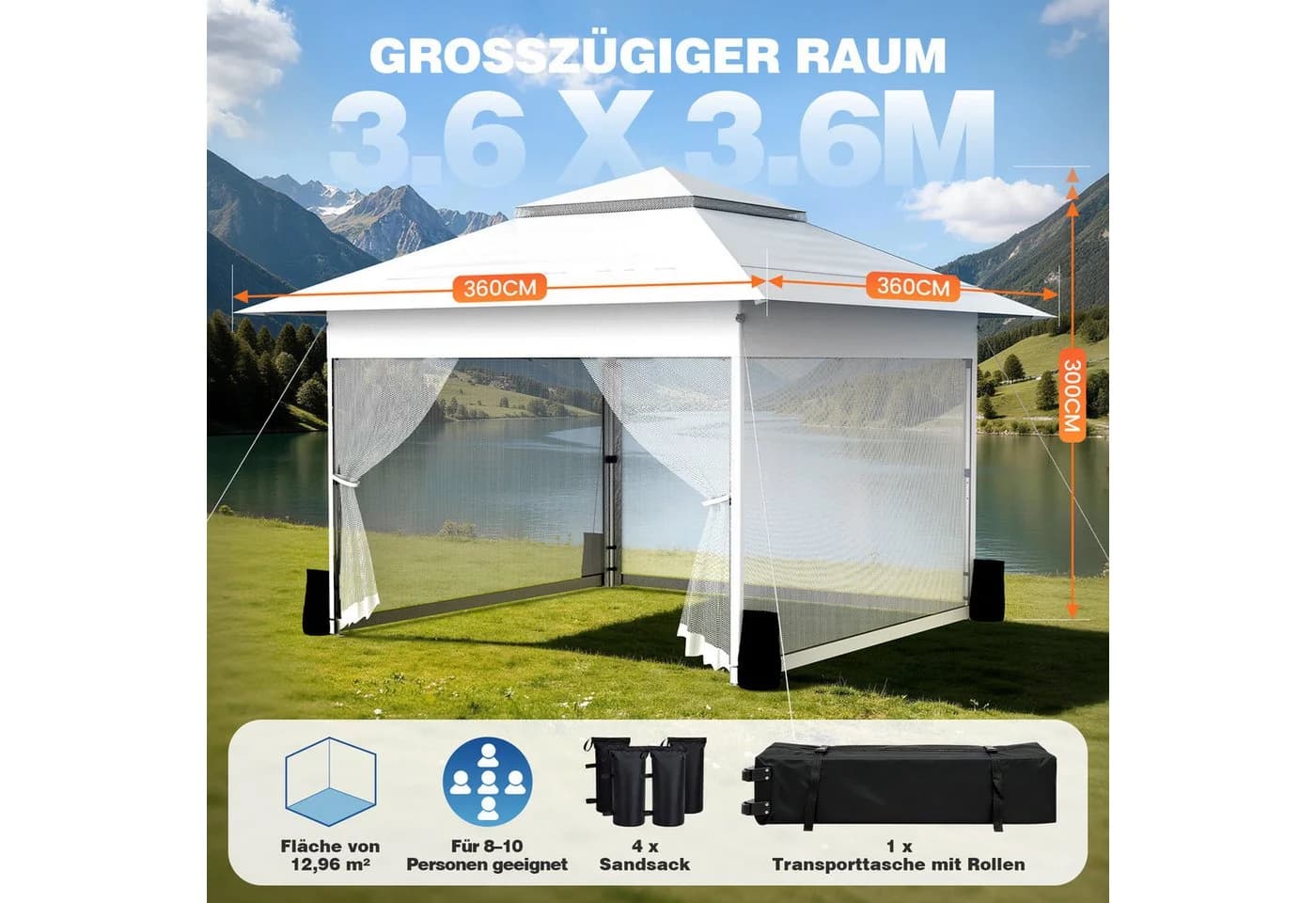 Huracan Faltpavillon 3,6x3,6m Weiß mit One-Touch-Hebesystem