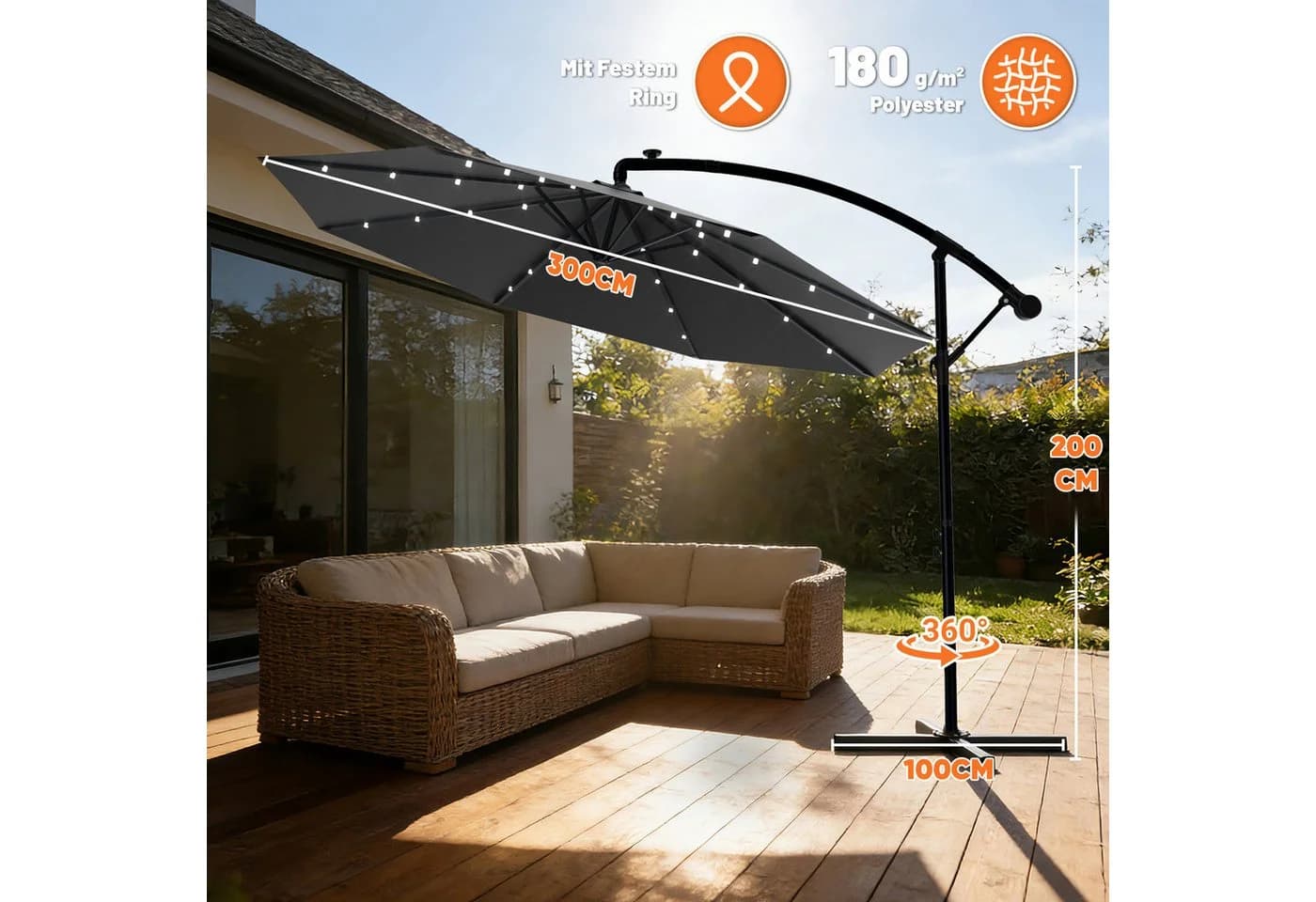 Huracan Sonnenschirm LED Solar Ø 250-350cm Ampelschirm mit Kurbel