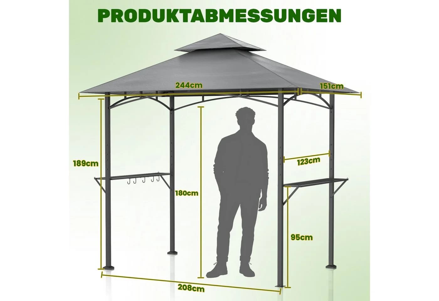 Huracan Grillpavillon Grau mit Doppeldach & Ablageflächen