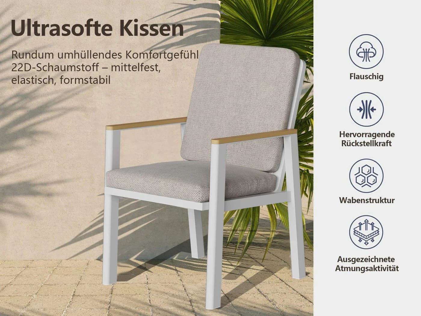 MeXo Gartenstuhl 6er Set Aluminium mit Kissen Beige